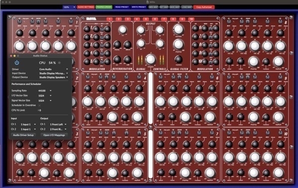 A screenshot of Millie software providing ten arrays of knobs for adjusting the simulated oscilators.