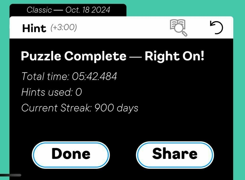 Screenshot of the time taken and completion of a 900 day streak from the KnotWords game.